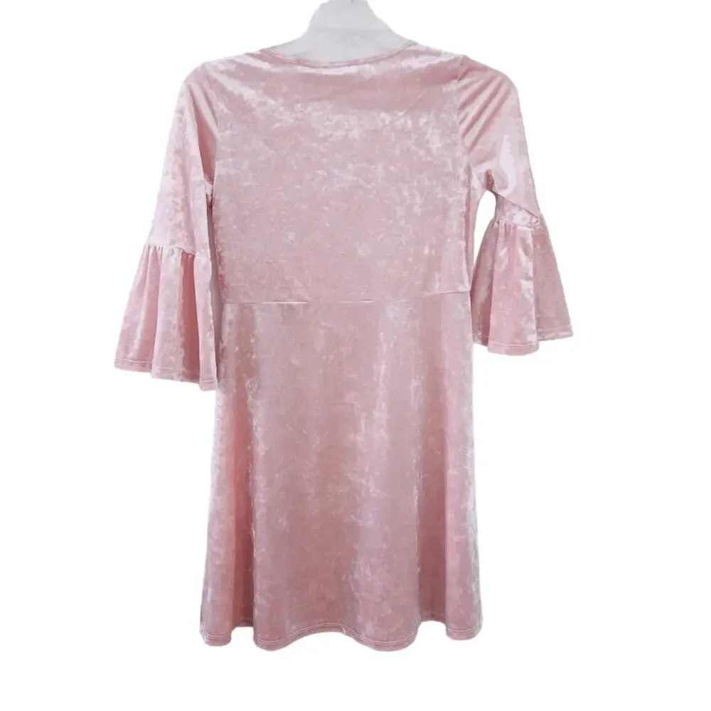 Children's Place Velour Dress Pink Large 10-12, Bell Sleeve Holiday Dress Winter - Picture 2 of 4